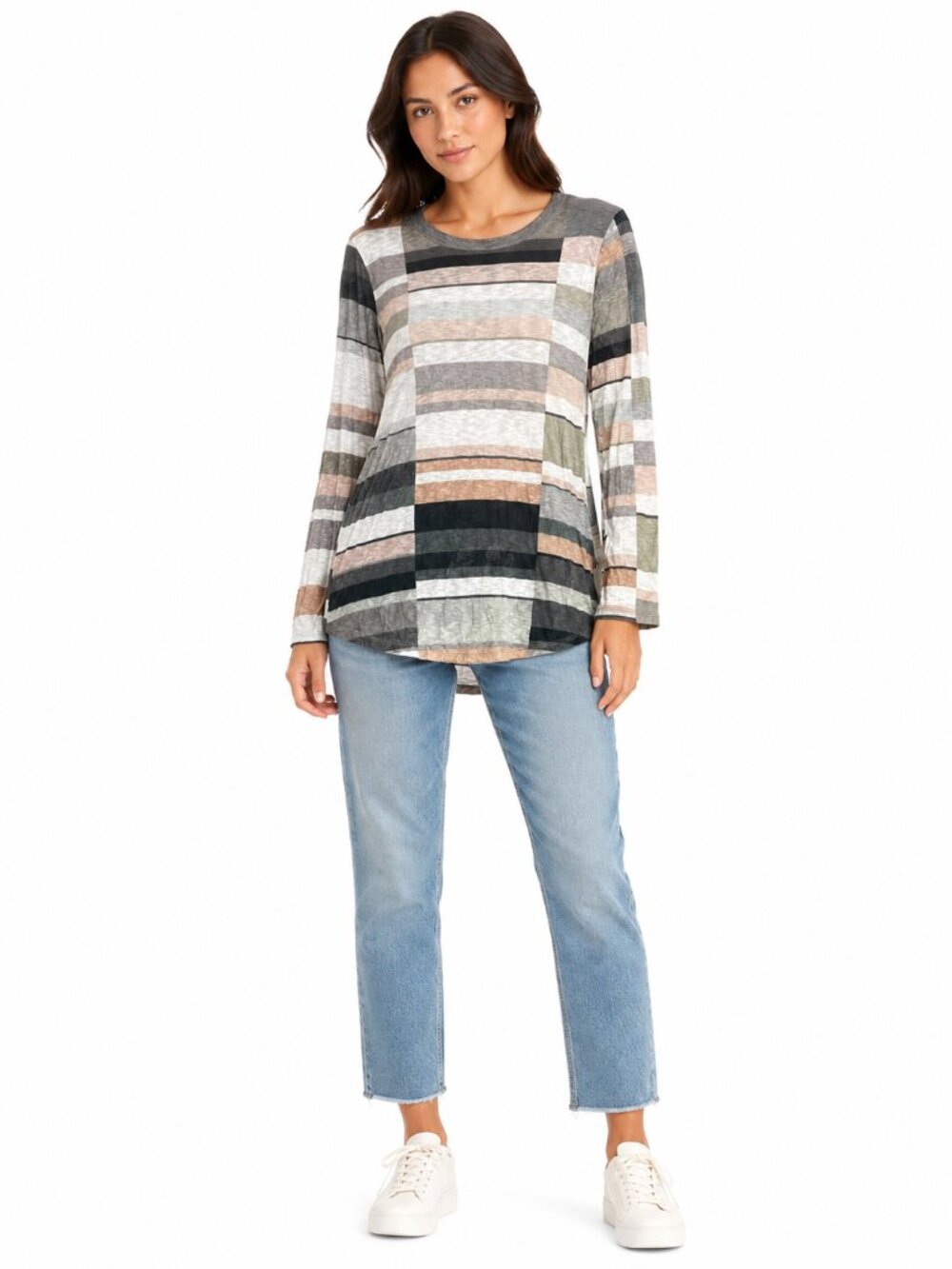 DAVID CLINE Long Sleeve Crinkle Top Neutral Stripe Pullover 3030 Size Medium